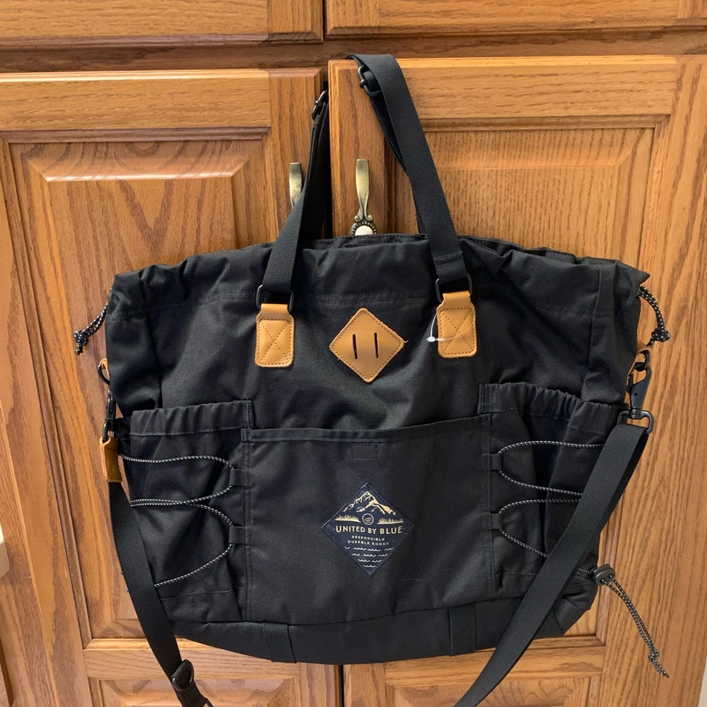 United By Blue Black Duffel Bag with Tan Leather Accents